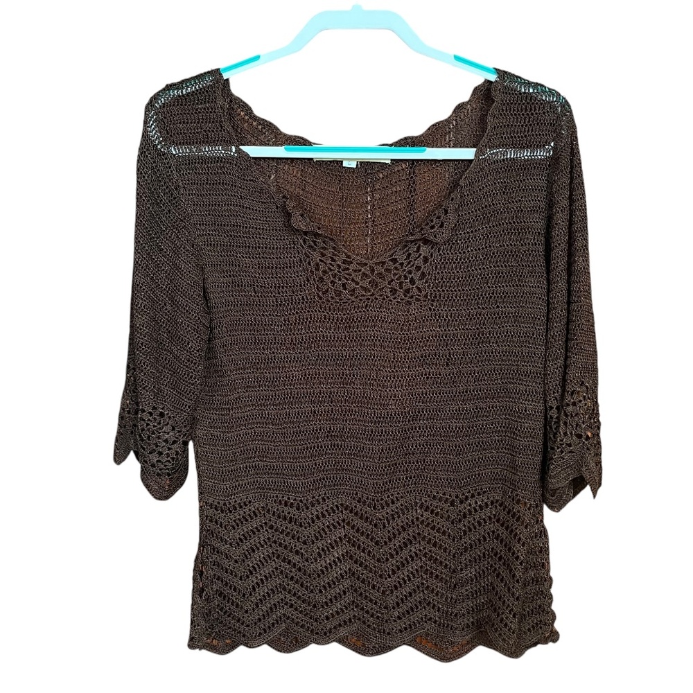 Bette Paige Brown Mixed Crochet Knit Split V-Neck 3/4 Sleeve Sweater Top Size L